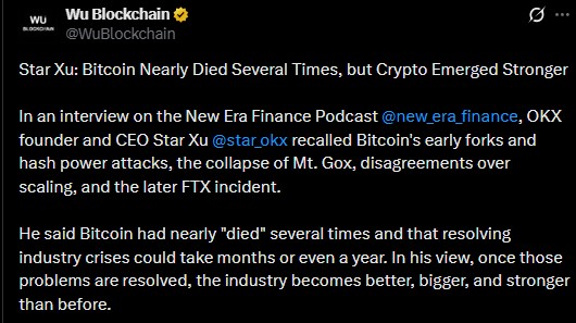 OKX CEO Star Xu said on a podcast that the coin nearly died several times OKX CEO Star Xu said on a podcast that the coin nearly died several times