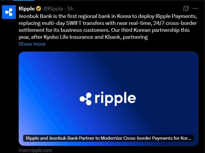 Ripple Partners With Jeonbuk Bank for Near Real-Time Cross-Border Payments