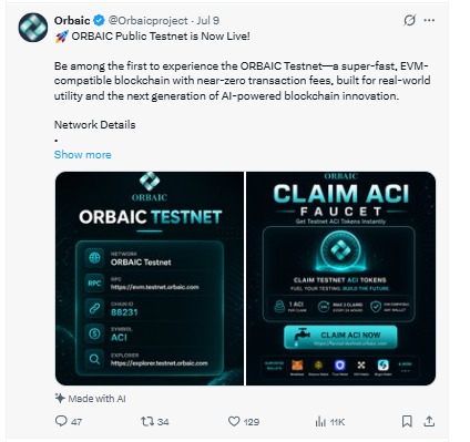 Orbaic Testnet launch announcement
