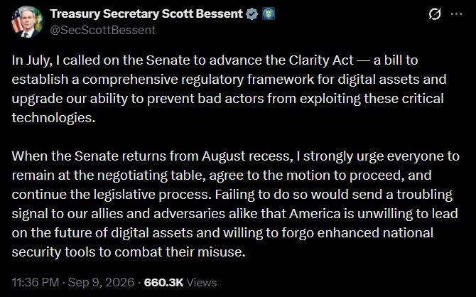 Scott Bessent Urges Senate to Move Forward With Crypto Bill Scott Bessent Urges Senate to Move Forward With Crypto Bill