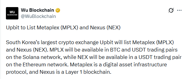 Upbit lists Metaplex MPLX Nexus NEX 