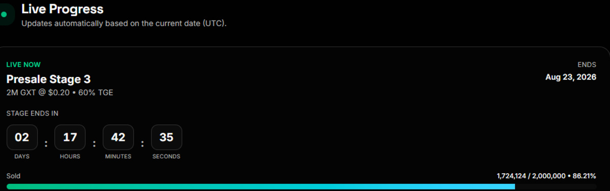 GXT Exchange update official roadmap screenshot of presale page