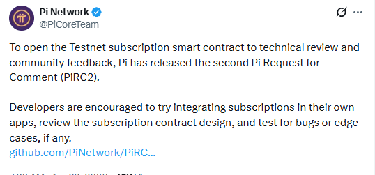 Pi Network Testnet subscription smart contract update