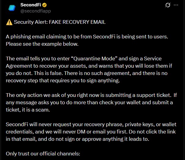 SecondFi Warns Users of Fake Recovery Email Scam