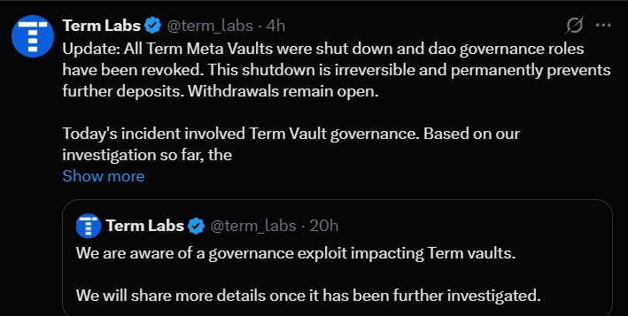 Term Labs Shuts Down Meta Vaults and Revokes Governance Roles