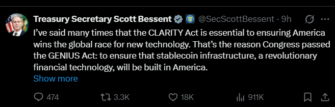 Scott Bessent Backs Final CLARITY Act Draft Over Stablecoin and Bank concerns Scott Bessent Backs Final CLARITY Act Draft Over Stablecoin and Bank concerns