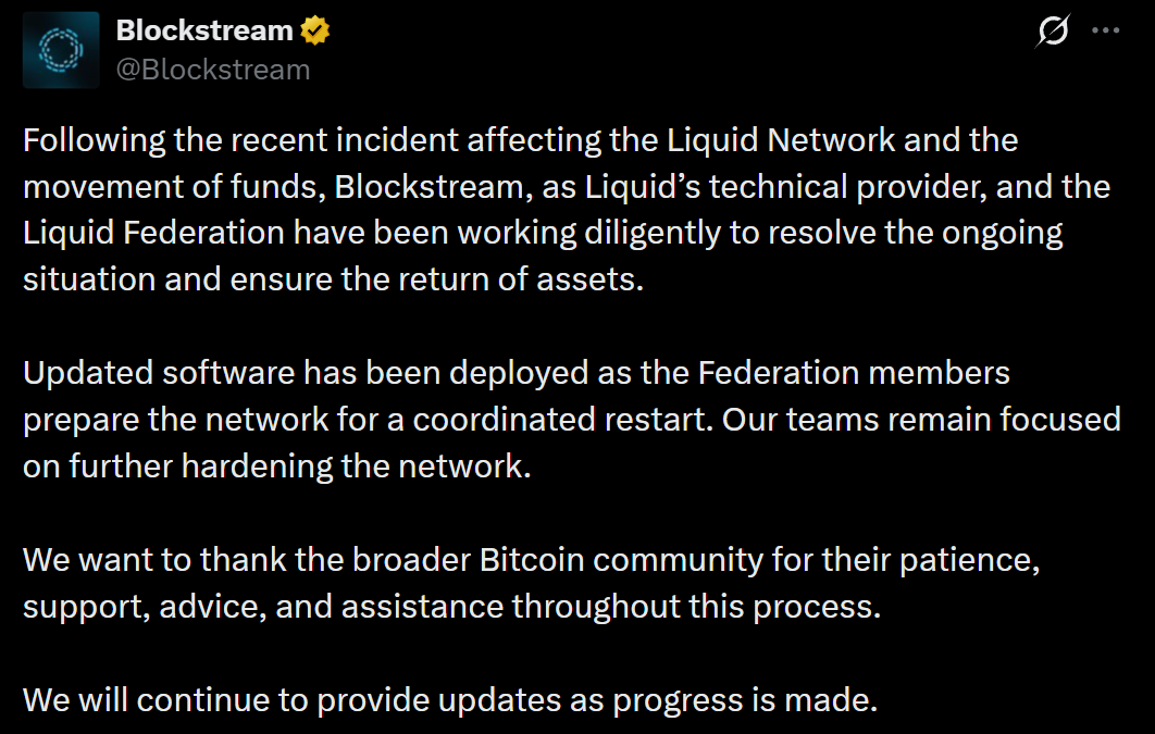 Blockstream Official Update on X