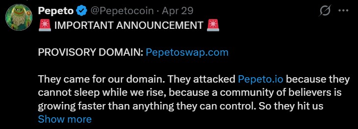 Pepeto Domain hack announcement