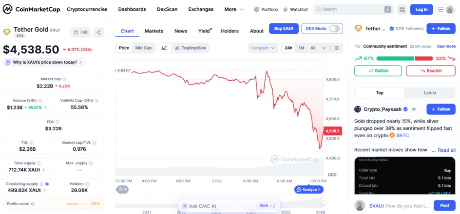 top crypto losers Februray 02 2026 Tether gold XAUt