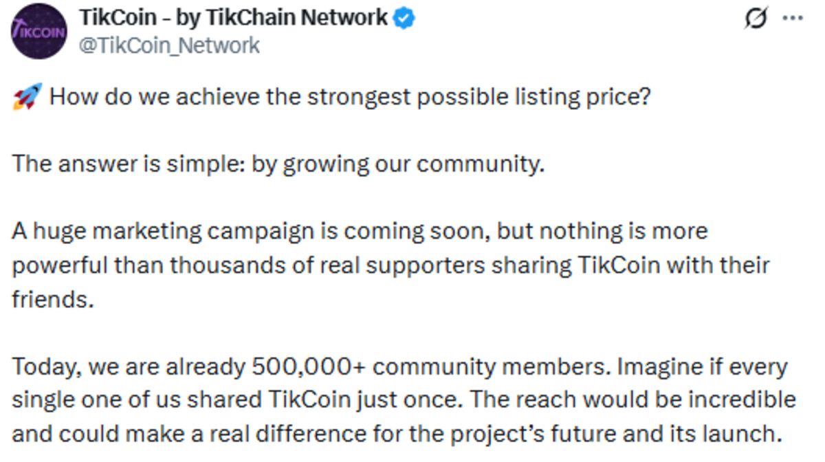 Official TikCoin X post screenshot shwing Listing price poll Official TikCoin X post screenshot shwing Listing price poll