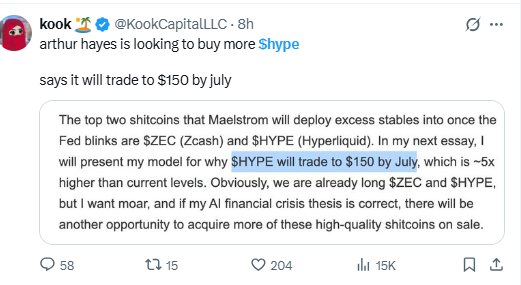 Arthur Hayes tweet discussing $150 price target for HYPE