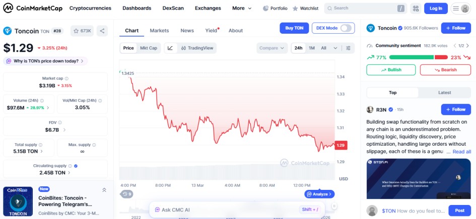 top crypto losers 24H, TON toncoin