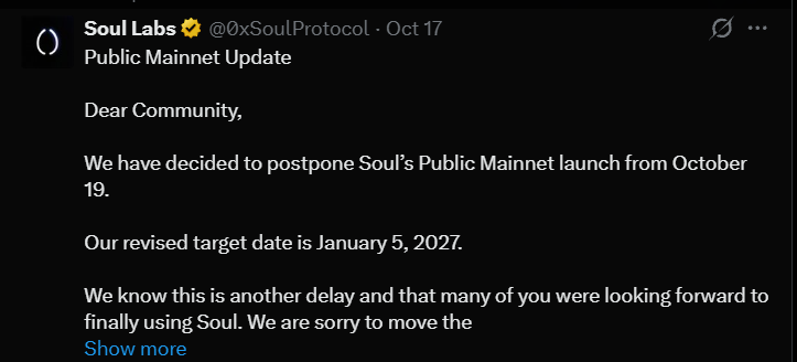 Soul {Labs Mainnet Launch Delayed Again Soul {Labs Mainnet Launch Delayed Again