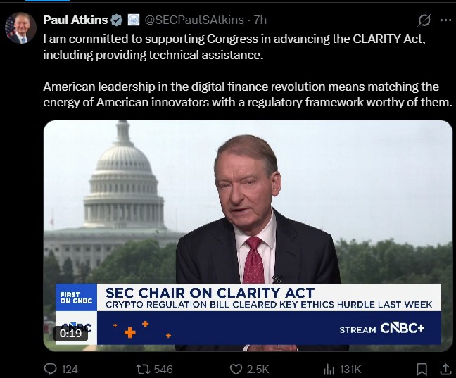 SEC Chair Paul Atkins Backs CLARITY Act and Offers Technical Support