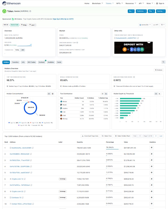 Holder concentration data on Etherscan token page shows