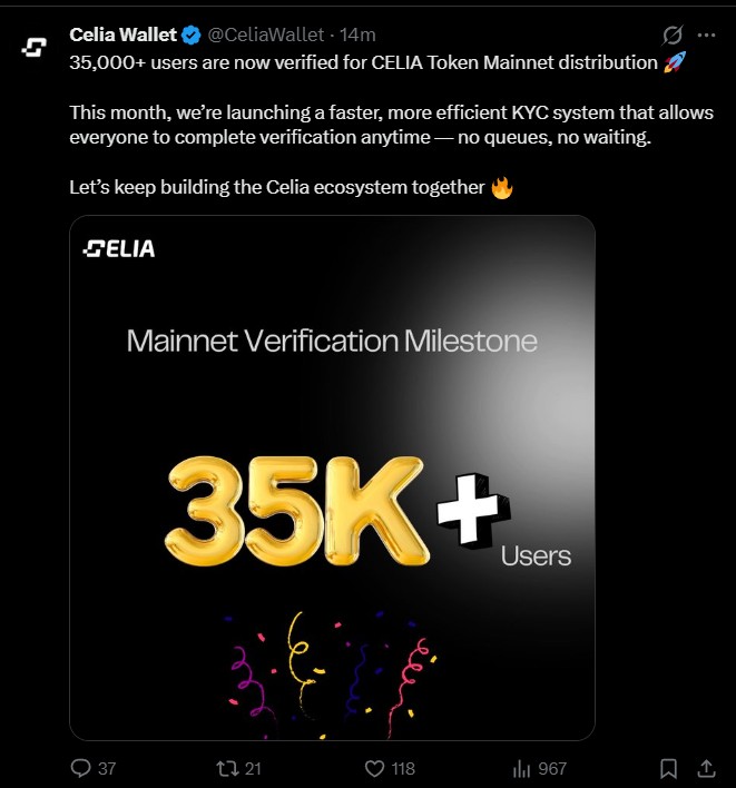 Celia Mainnet Launch 35000 verifications Celia Mainnet Launch 35000 verifications