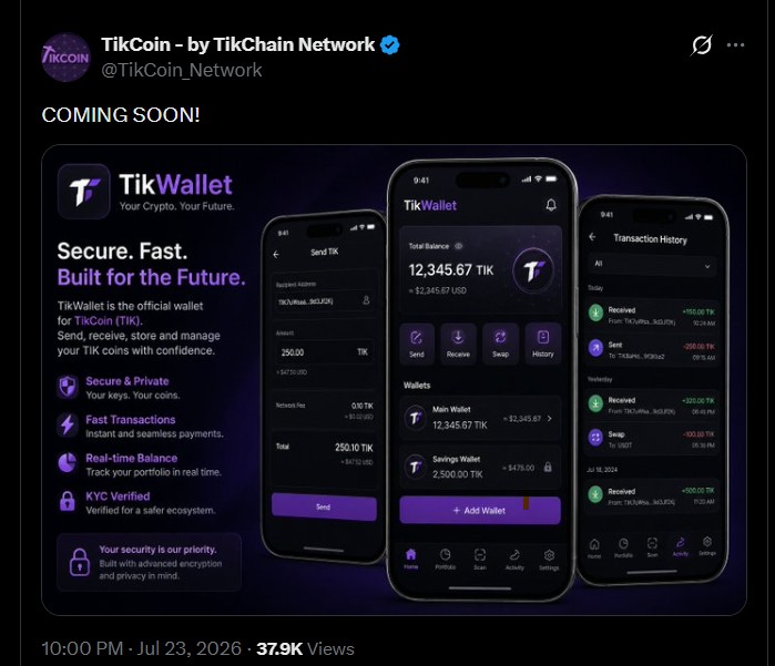 TikCoin Teases TikWallet With 'Coming Soon' Announcement