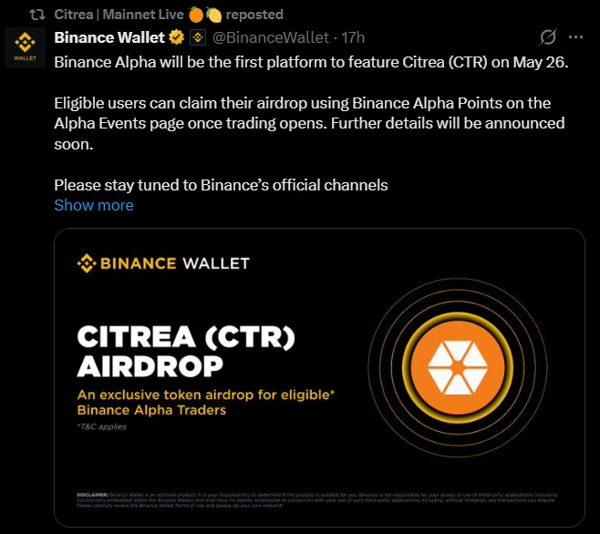 Citrea listing on the Binance Alpha