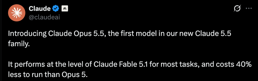 Claude official tweet about opus5.5 Claude official tweet about opus5.5