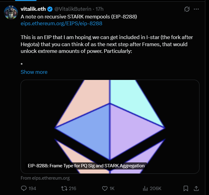 Vitalik Buterin Proposes Recursive STARK Mempool for Future Ethereum Upgrade