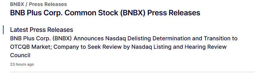 BNB Plus Stock Suspension From Nasdaq BNB Plus Stock Suspension From Nasdaq