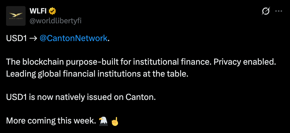 WLFI Official Tweet for Canton network
