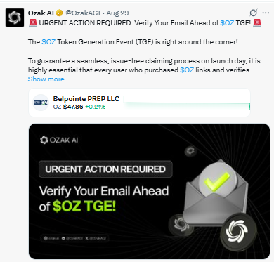 the $OZ Token Generation Event is "right around the corner"