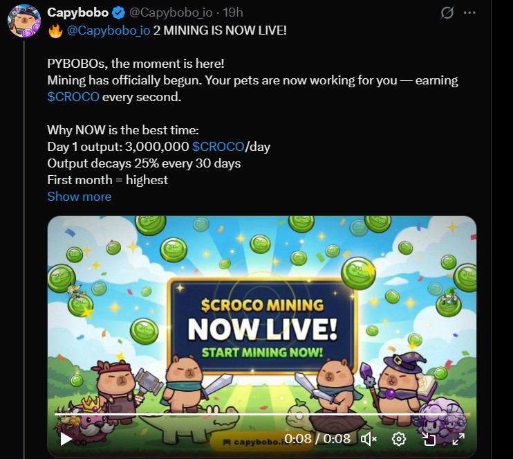 Capybobo Latest Update: Mining Goes Live as Universe 2.0 Launches Capybobo Latest Update: Mining Goes Live as Universe 2.0 Launches