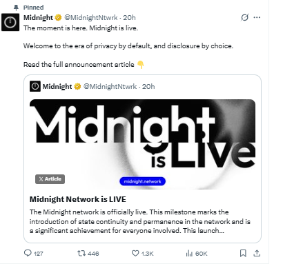Midnight network mainnet live announcement by official team