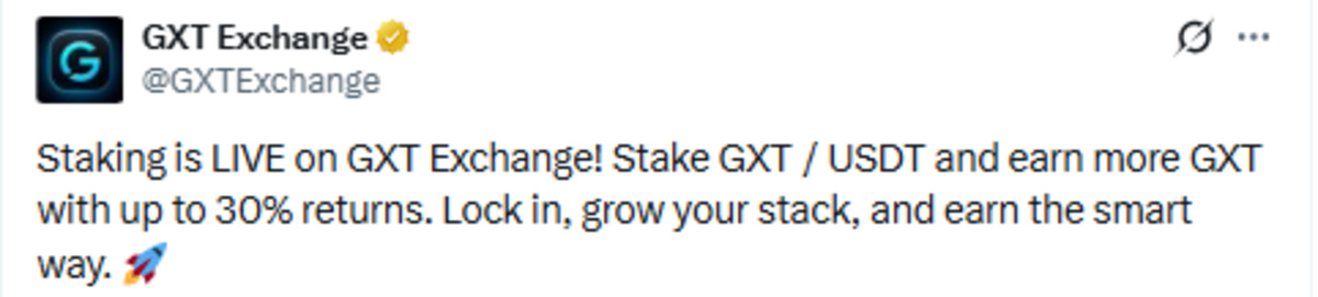 GXT Exchange news X Post showing staking details