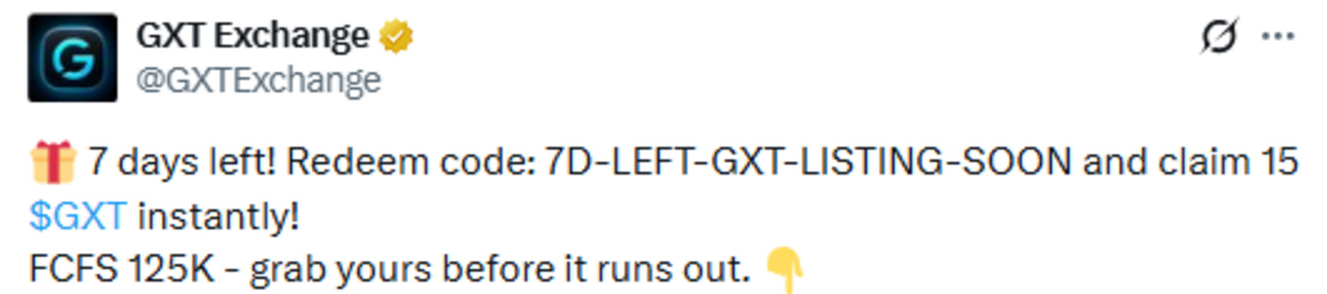 Official GXT Exchange X Post showing redeem code