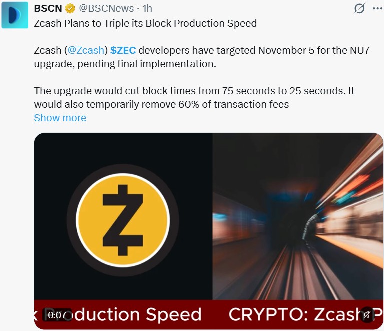 Zcash NU7 Upgrade: Faster Blocks Targeted for November 5