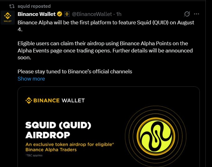 Binance Alpha Lists Squid (QUID)