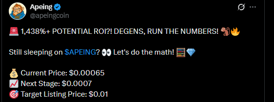 Apeing crypto Presale Update X Post