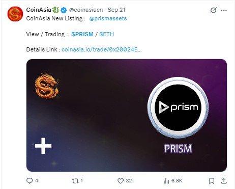 CoinAsia listing post added PRISM ETH visibility CoinAsia listing post added PRISM ETH visibility