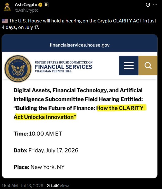 hearing on the Crypto CLARITY Act on July 17 hearing on the Crypto CLARITY Act on July 17