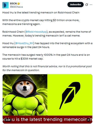 Hood Inu as the latest trending memecoin on Robinhood Chain
