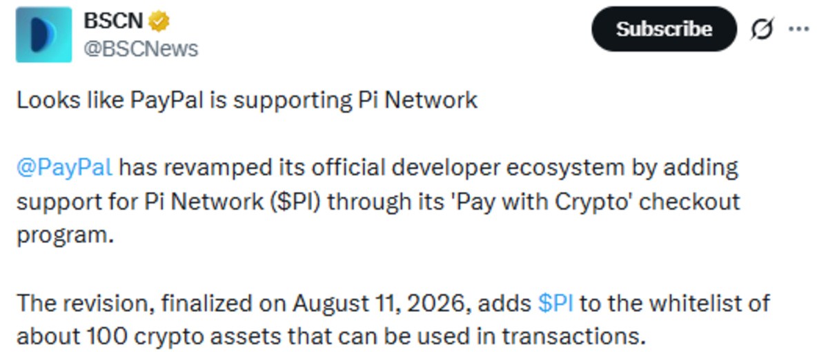 BSCN official X Post showing Pi network Paypal support BSCN official X Post showing Pi network Paypal support