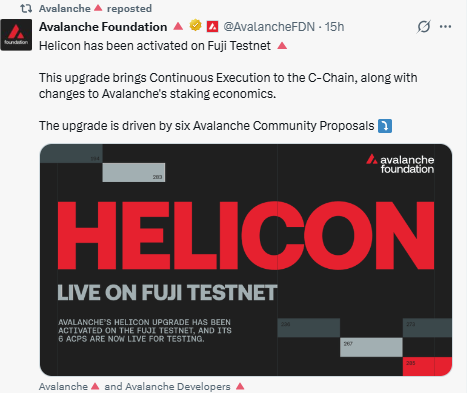 The Avalanche Foundation announced that its Helicon upgrade
