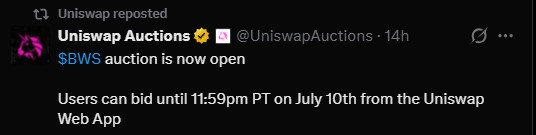 Uniswap BSW auction post Uniswap BSW auction post