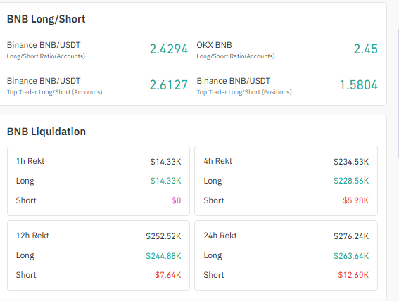 BNB long short ratio and liquidation data