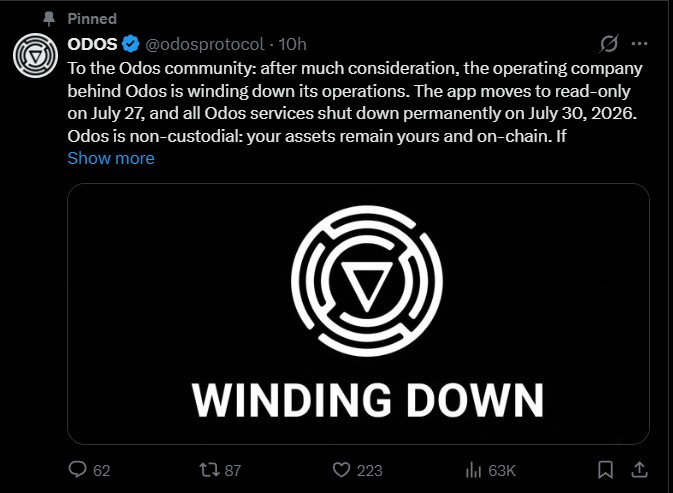 Odos Announces Complete Shutdown of Operating Company