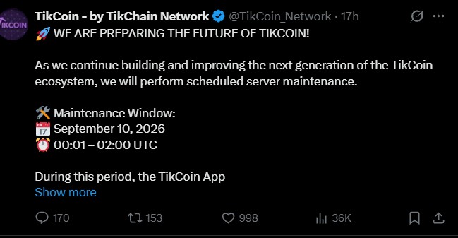 TikCoin Network Announces Scheduled App Maintenance on September 10 TikCoin Network Announces Scheduled App Maintenance on September 10