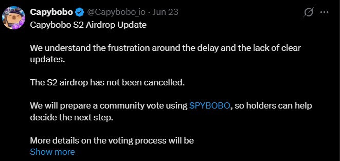 Capybobo airdrop Season 2 has not been cancelled.