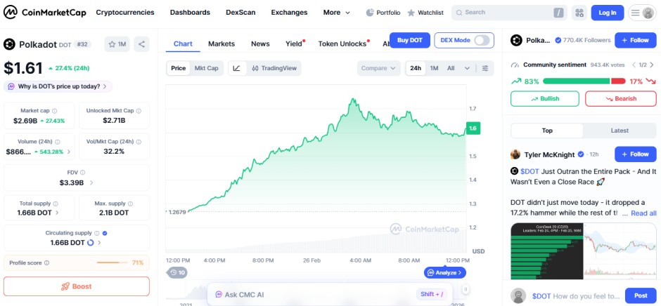 top crypto gainers, 26 feb, polkadot DOT 