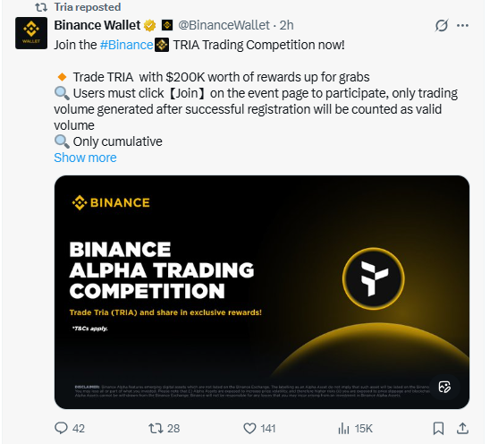Binance Alpha launched a trading campaign for TRIA 