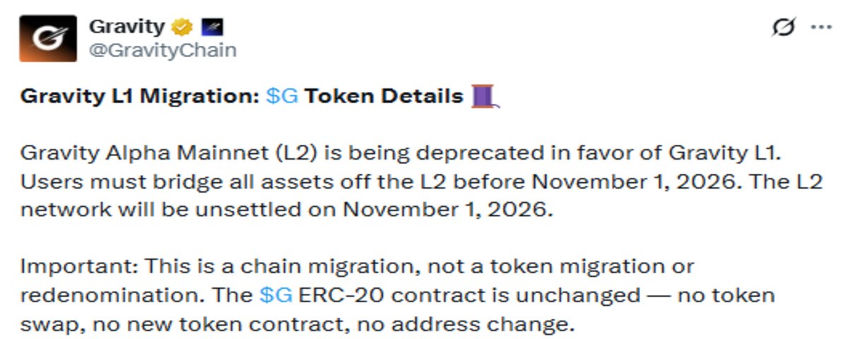 Official Gravity X post screenshot showing migration update