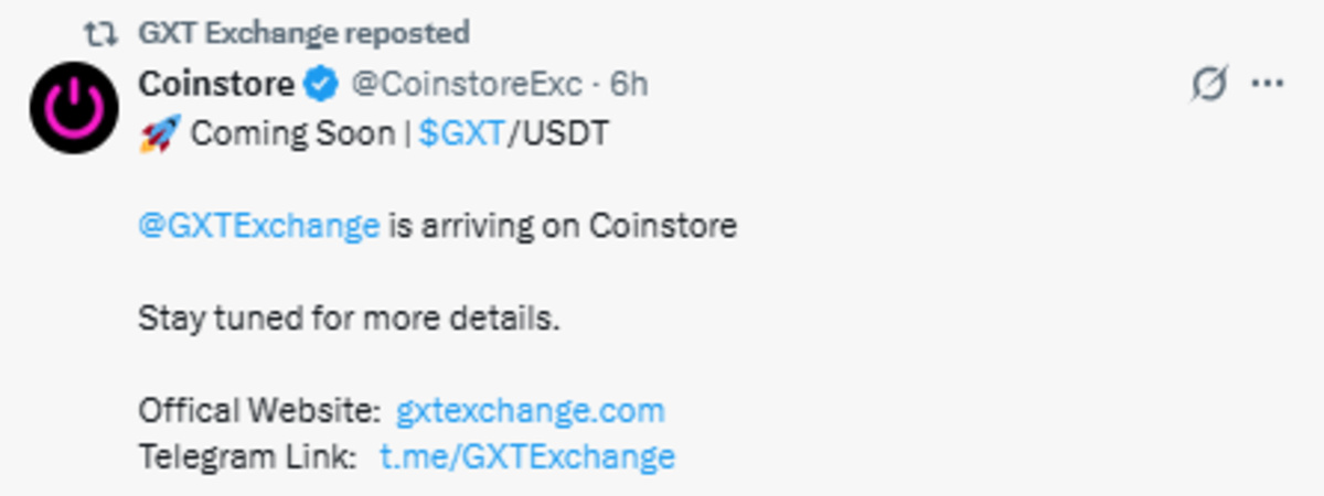 Official GXT Exchange Post screenshot showing new exchange listing update Official GXT Exchange Post screenshot showing new exchange listing update