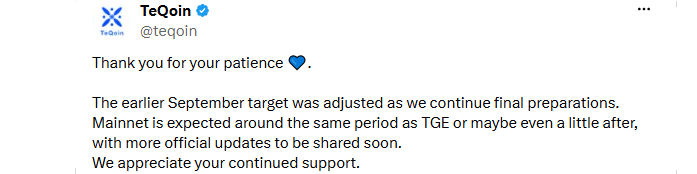 TeQoin Mainnet Delay in September