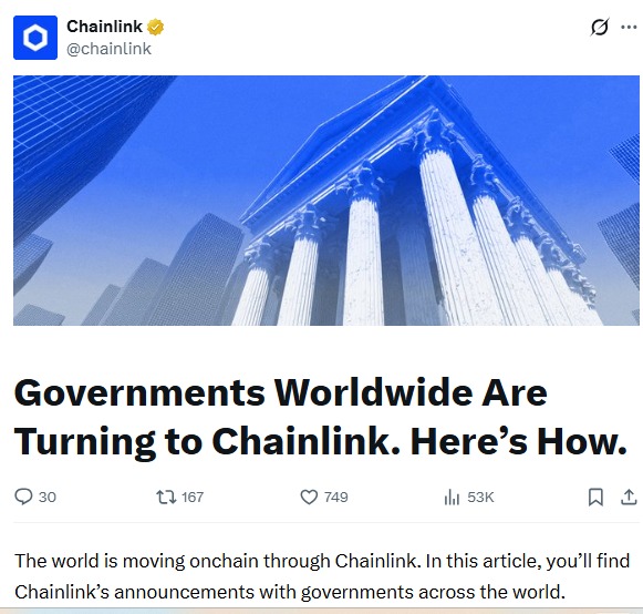 Chainlink news July 15 2026 governments on-chain 